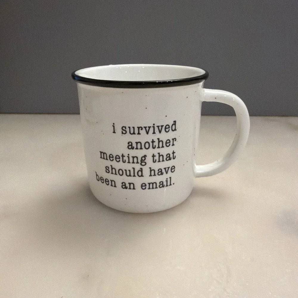 "I Survived Another Meeting" Camp Style Ceramic 10oz Coffee Mug Cup White Black - Picture 1 of 6